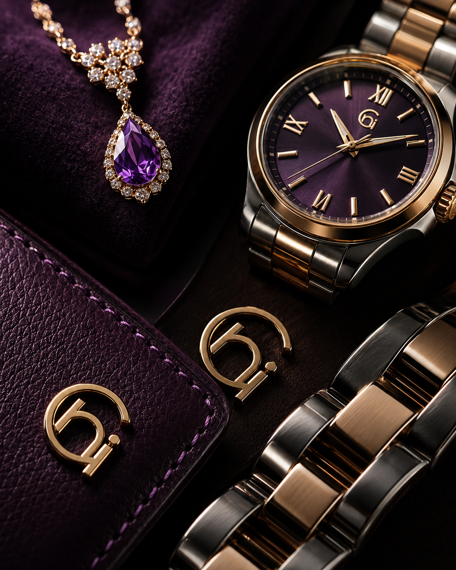 Close-up Corintti jewellery, watch and wallet details in purple and gold