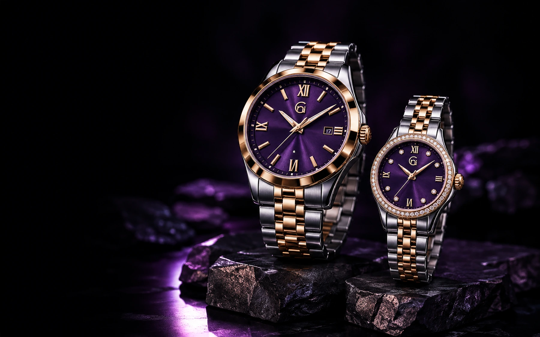 Corintti men's and women's watches in a dark editorial composition